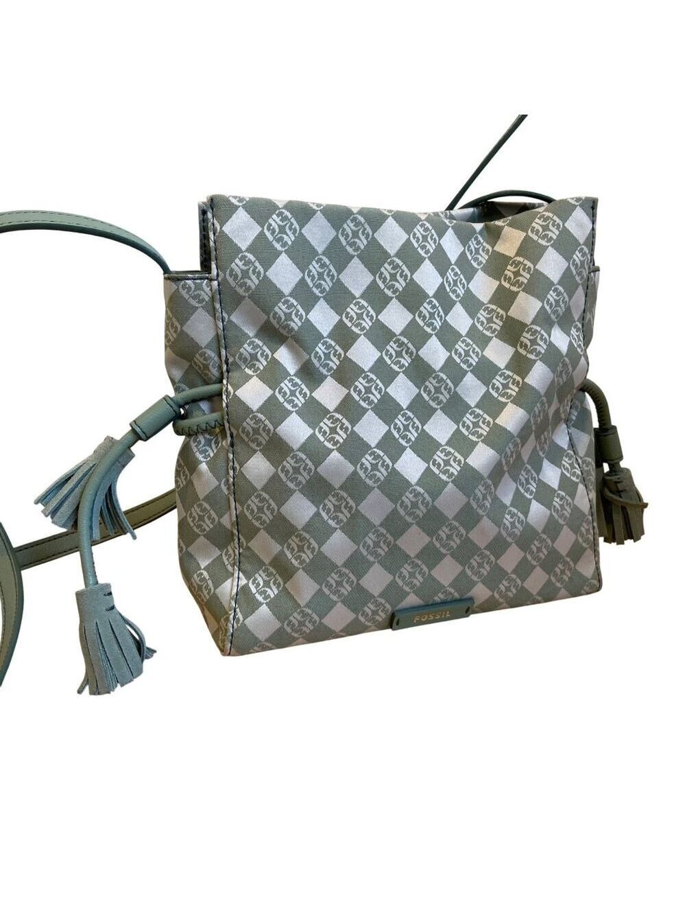 Fossil sage Green Checkered Canvas & Leather Crossbody Bag With Tassel Accents